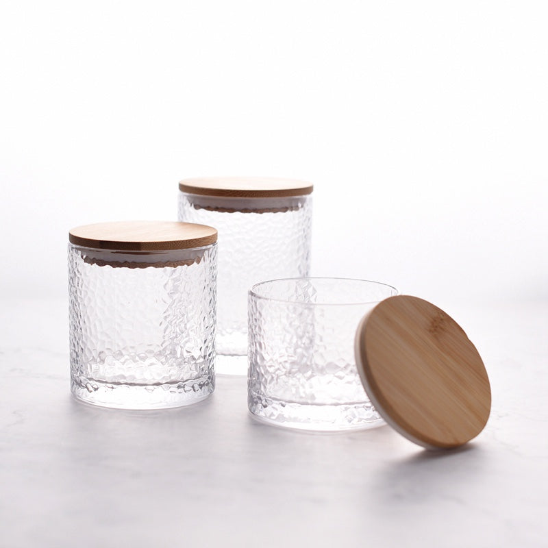 Bocal de Conservation en Verre Martelé avec Couvercle en Bambou pour Épices Café Sucre et Aliments Secs