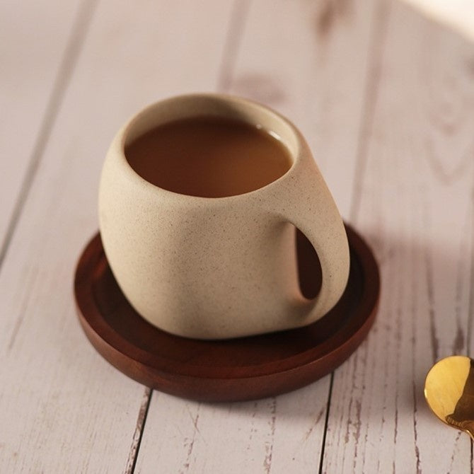 Ceramic Coffee Cup with Wooden Saucer and Stainless Steel Spoon