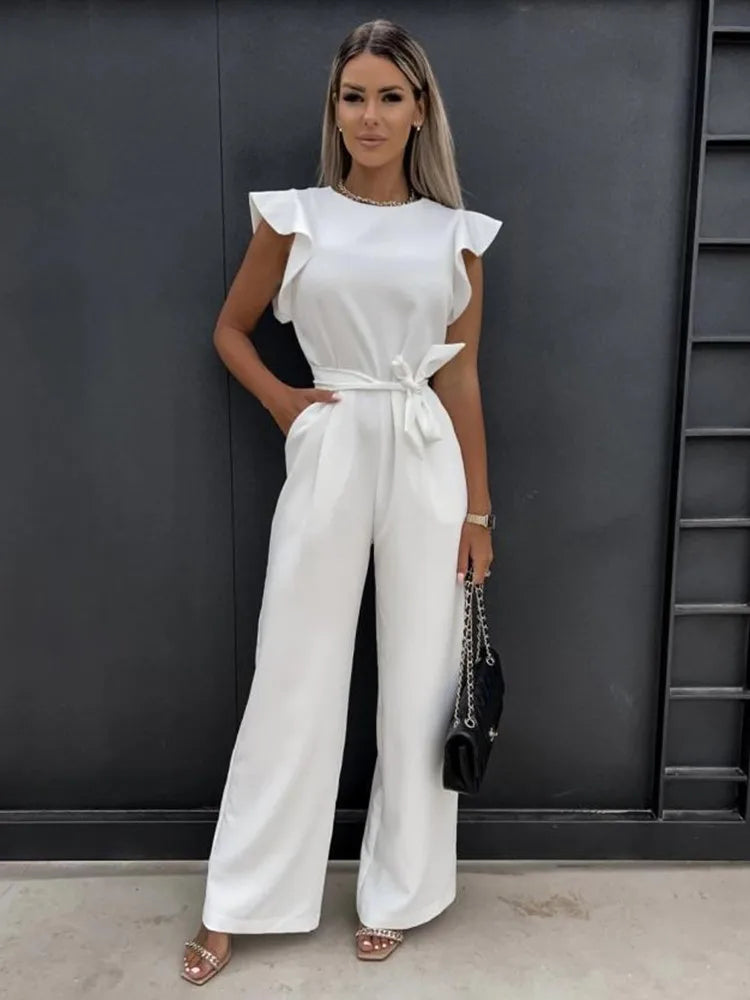 Combinaison femme avec jambes larges et manches à volants - Aurelles