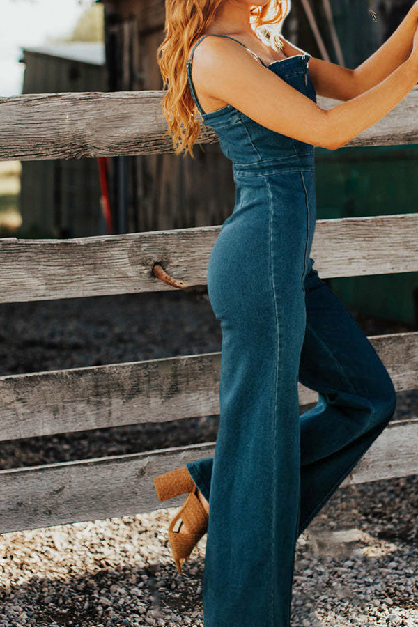 Combinaison en Denim pour Femmes - Sans Manches, Col Notch - Pantalon Large Ajusté - Aurelles