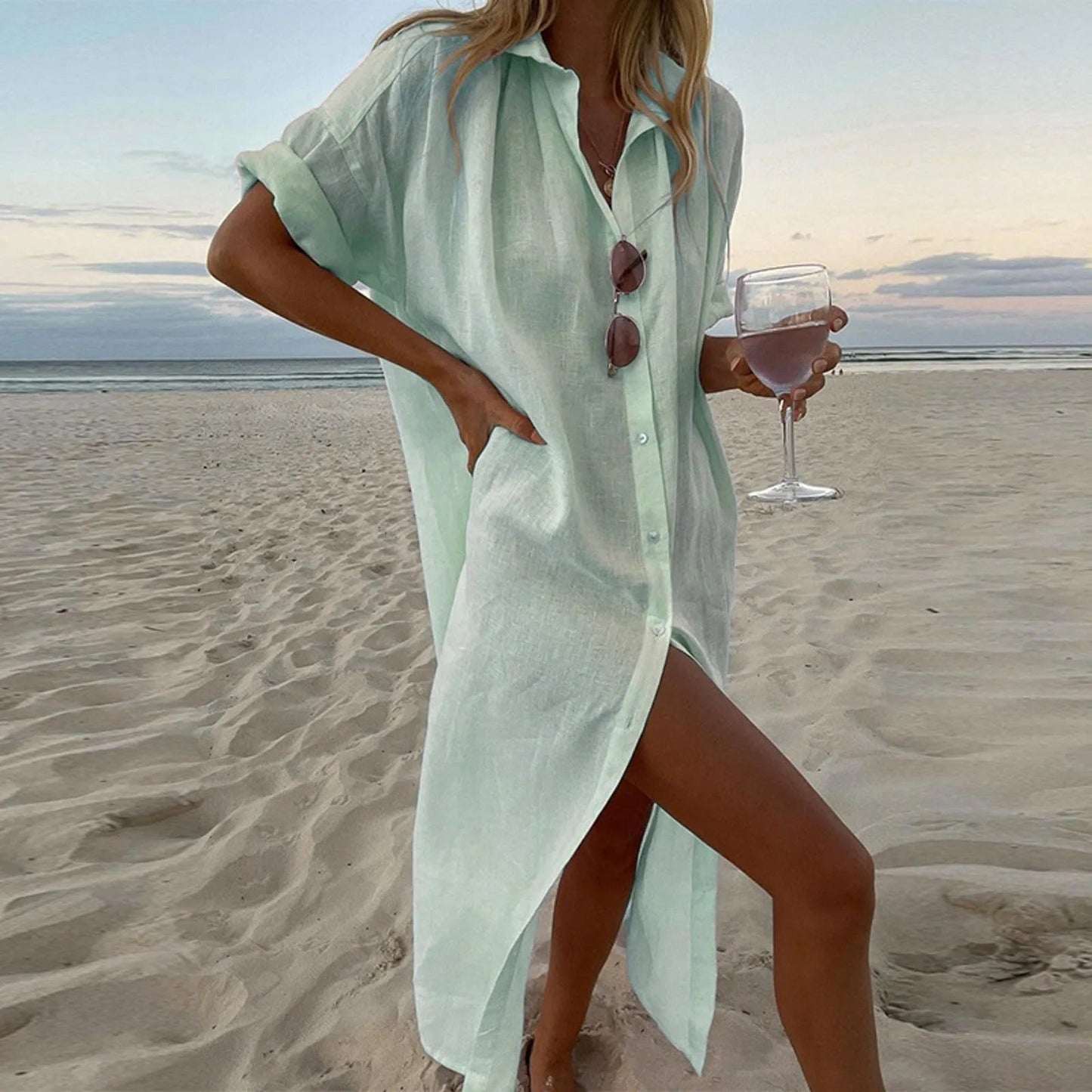 Women's Shirt Dress – Button-Down – Short Sleeves – Lightweight – High Neck – Front Slit