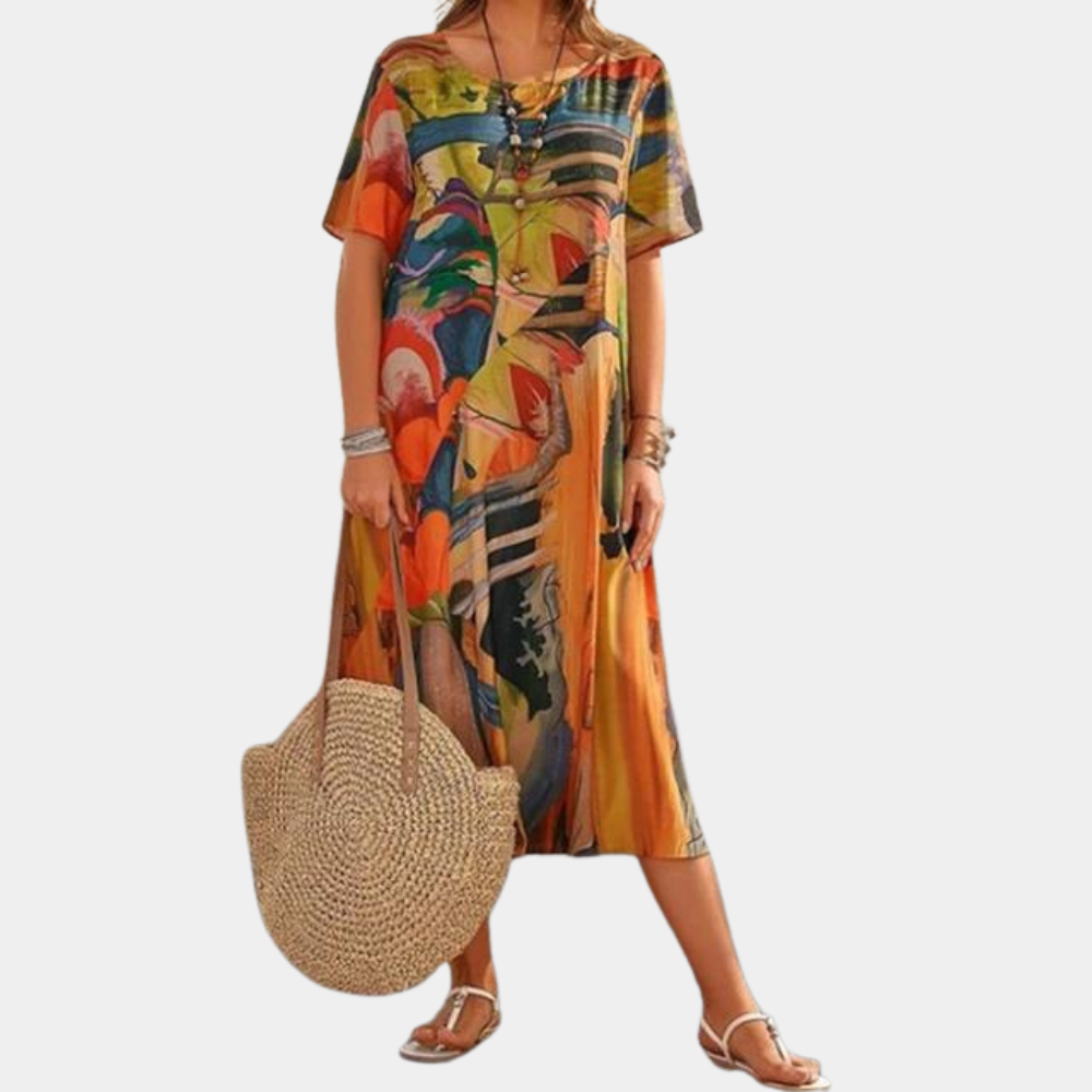 Robe A-Ligne Femme - Manches Courtes - Col Rond - Coupe Ample Décontractée - Aurelles