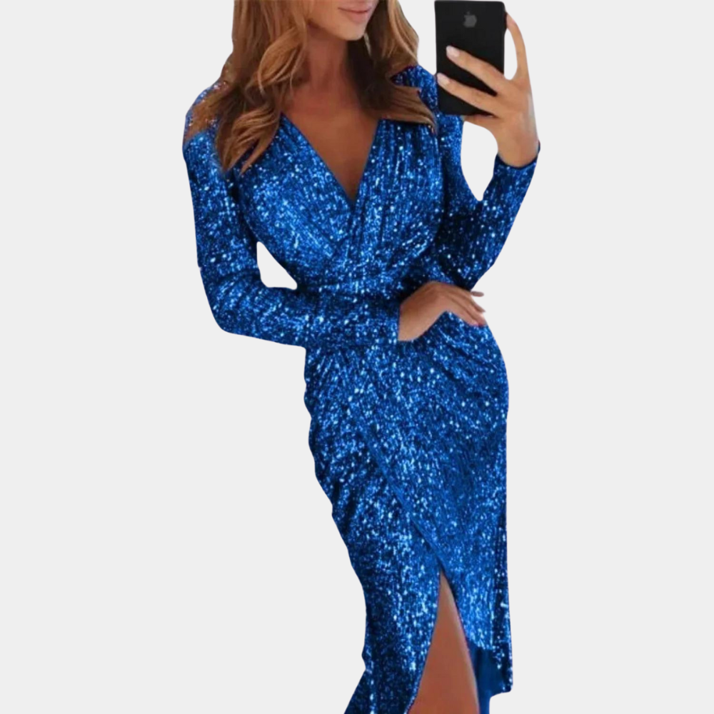 Women's Sequin Wrap Dress – Long Sleeves – V-Neck – Fitted Silhouette – Side Slit