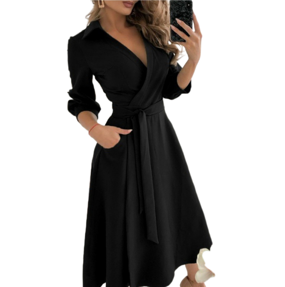 Women's Wrap Dress - V-Neck - Fitted Waist with Belt - Midi Length with Three-Quarter Sleeves