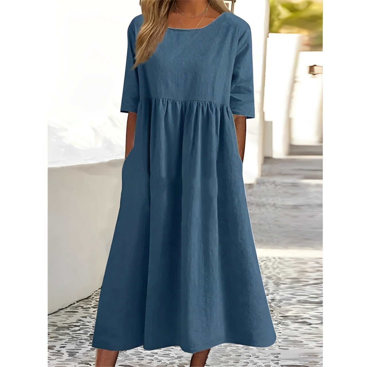 Harper - Robe Midi Vintage en Lin Coton Respirant avec Design Plissé - Aurelles