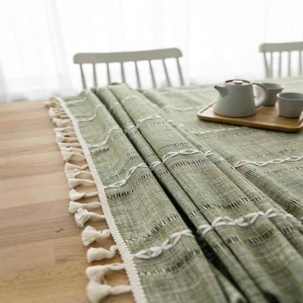 Nappe Rectangulaire en Coton et Lin à Rayures Brodées Style Rustique pour Table de Salle à Manger