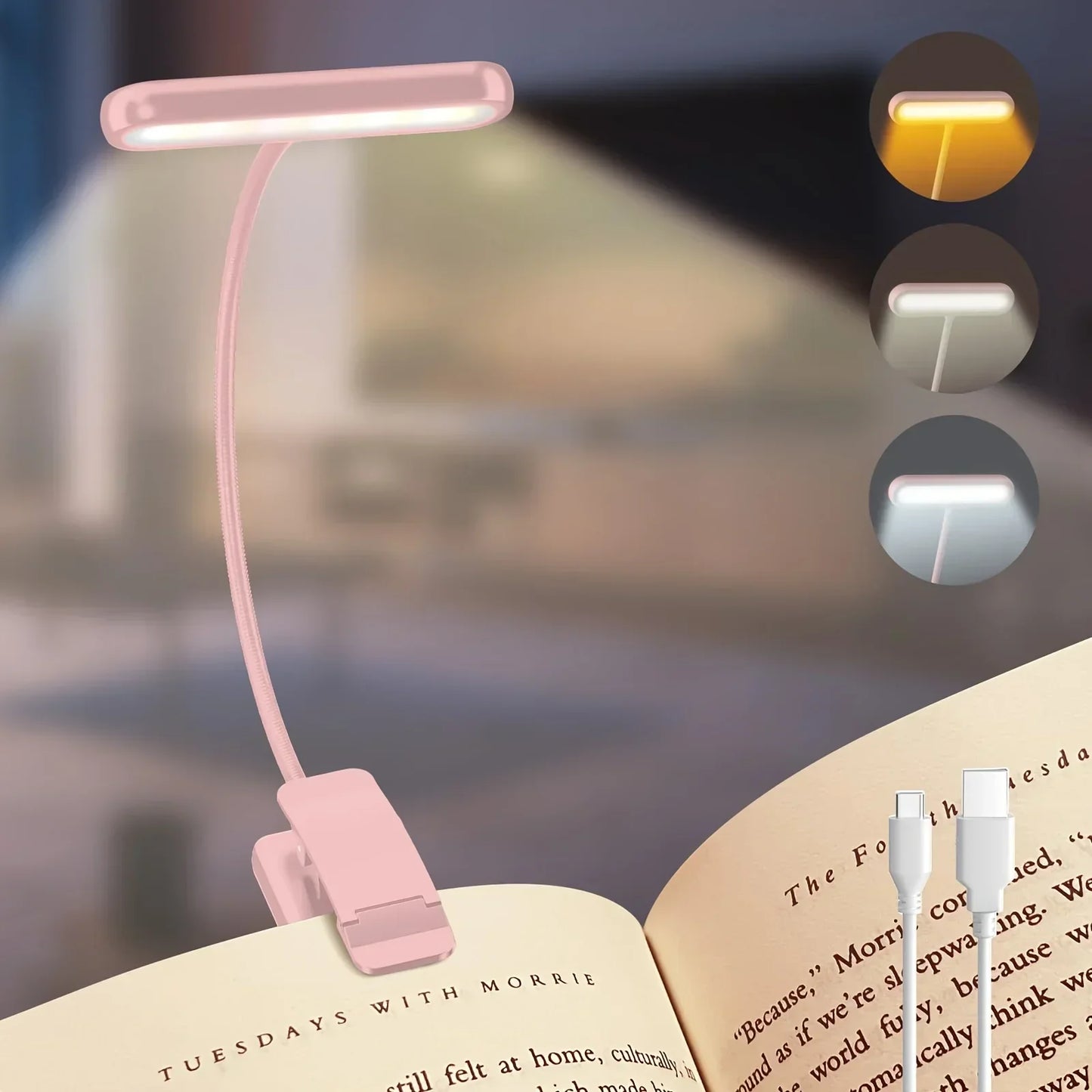 Liseuse à Clip Rechargeable USB avec Bras Col de Cygne 3 Températures de Lumière et Intensité Réglable