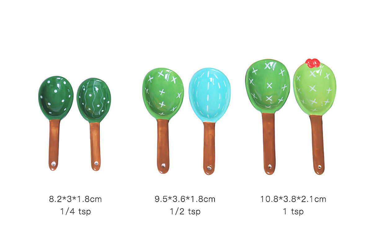 Set d'Ustensiles de Mesure en Céramique Forme Cactus avec Pot de Rangement Peint à la Main pour Cuisine et Pâtisserie
