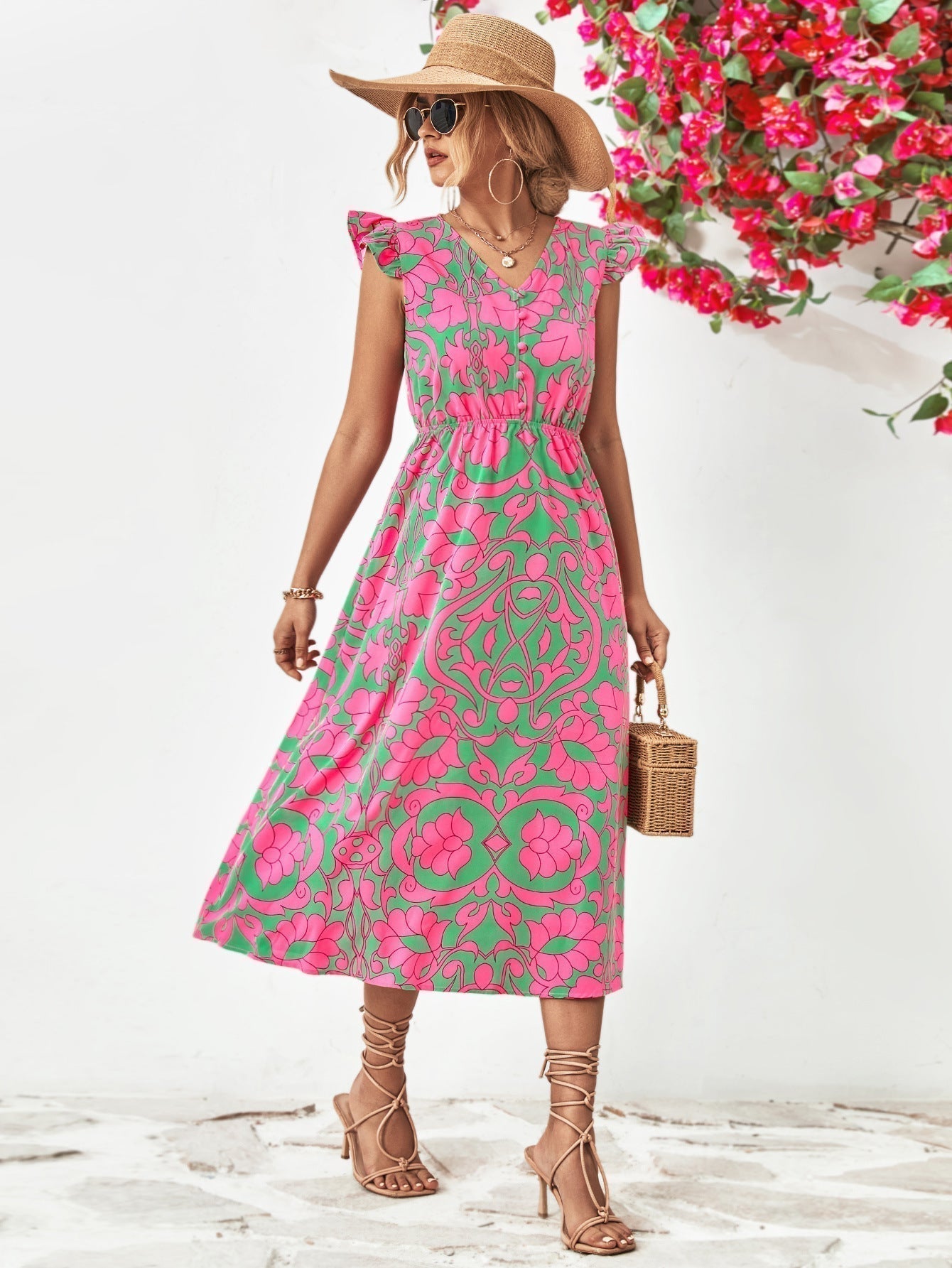 Women's Floral Print Dress - V-Neck - Short Flounce Sleeves - Asymmetrical Hem