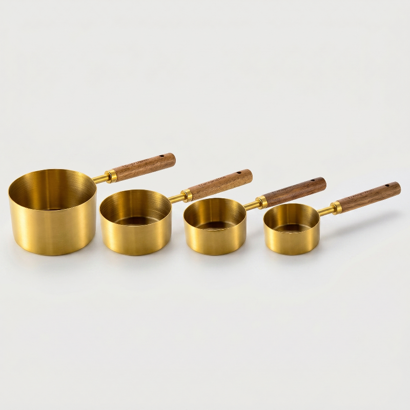 Set de 4 Cuillères Doseuses en Acier Inoxydable avec Manches en Bois Naturel pour Pâtisserie et Cuisine