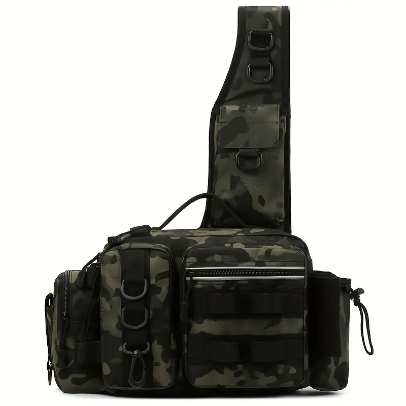 Sac à Bandoulière Tactique de Pêche avec Porte-Canne Intégré et Compartiments Multiples Imprimé Camouflage