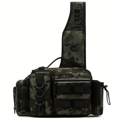 Sac à Bandoulière Tactique de Pêche avec Porte-Canne Intégré et Compartiments Multiples Imprimé Camouflage