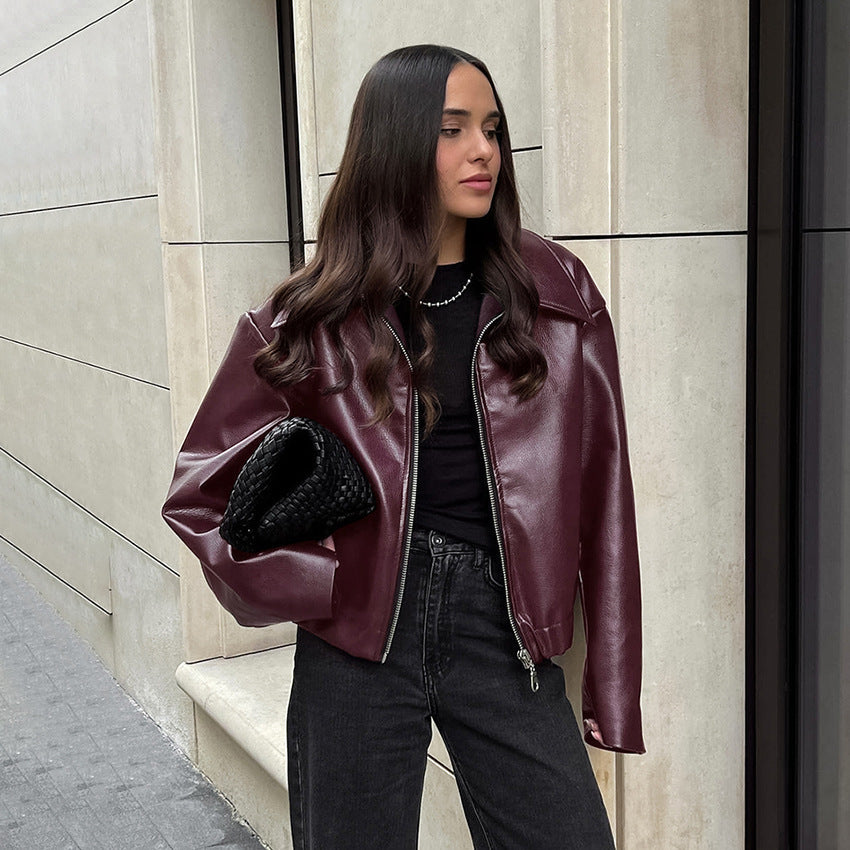 Veste en Similicuir Rouge Bordeaux Style Biker Rétro - Aurelles