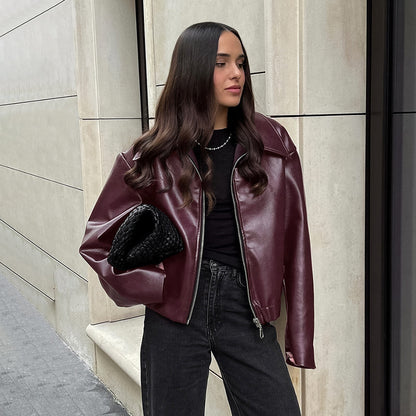 Veste en Similicuir Rouge Bordeaux Style Biker Rétro - Aurelles