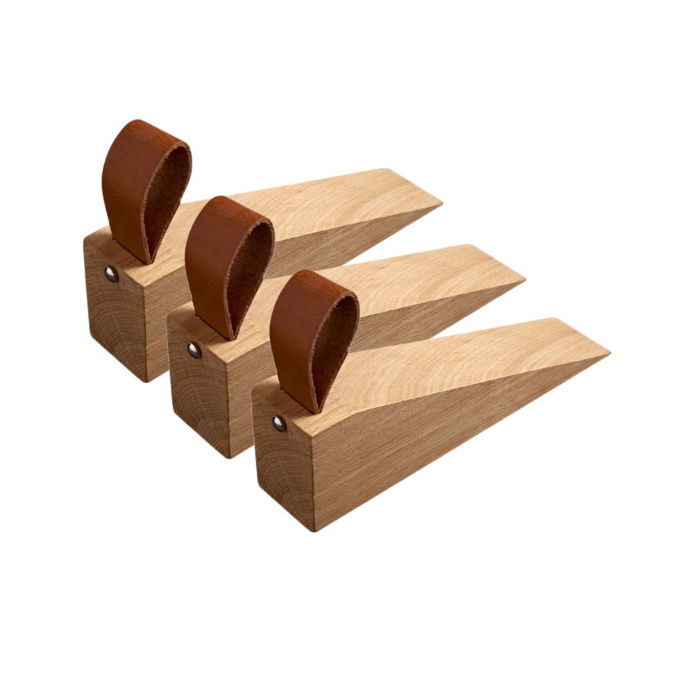 Lot de 3 Cales-Porte en Bois Massif avec Poignée en Cuir Style Scandinave pour Toutes Pièces