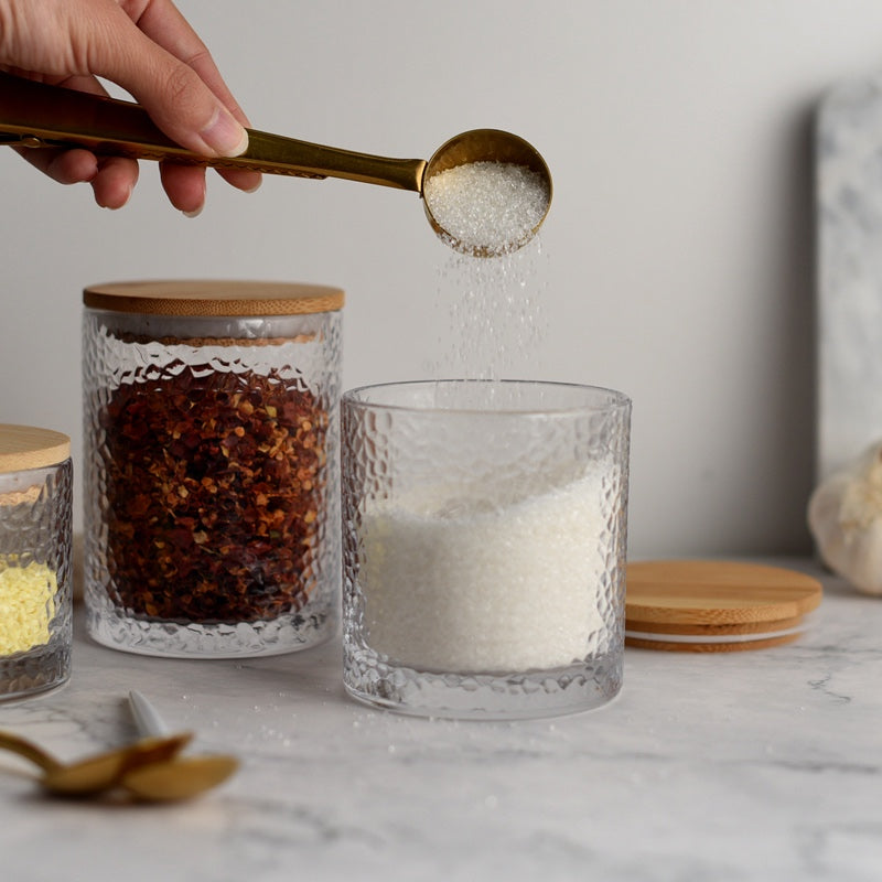 Bocal de Conservation en Verre Martelé avec Couvercle en Bambou pour Épices Café Sucre et Aliments Secs