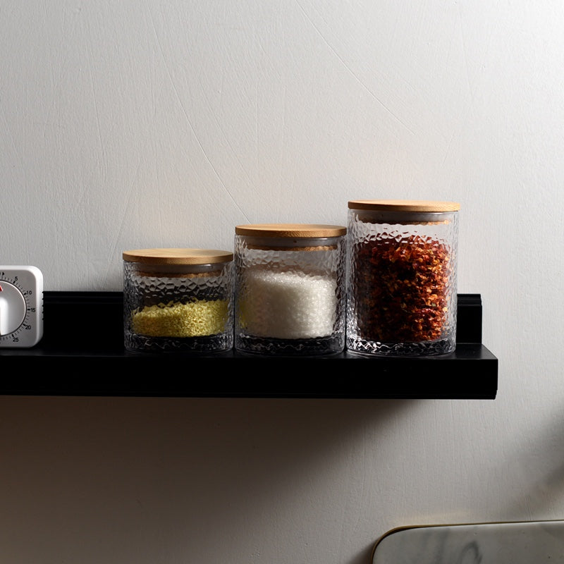 Bocal de Conservation en Verre Martelé avec Couvercle en Bambou pour Épices Café Sucre et Aliments Secs
