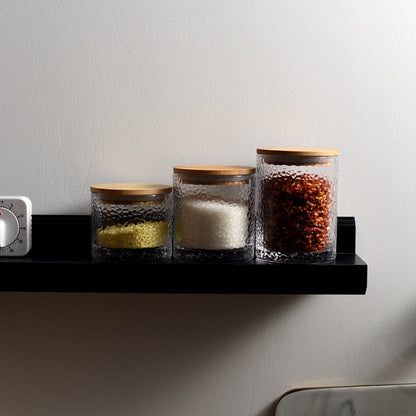 Bocal de Conservation en Verre Martelé avec Couvercle en Bambou pour Épices Café Sucre et Aliments Secs