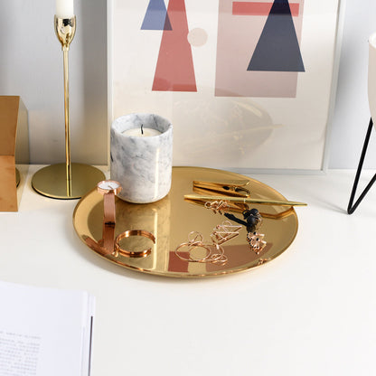 Plateau Décoratif Rond Plat en Métal Doré Brillant pour Présentation d'Objets Déco et Service Apéro