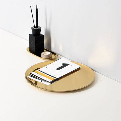Plateau Décoratif Rond Plat en Métal Doré Brillant pour Présentation d'Objets Déco et Service Apéro