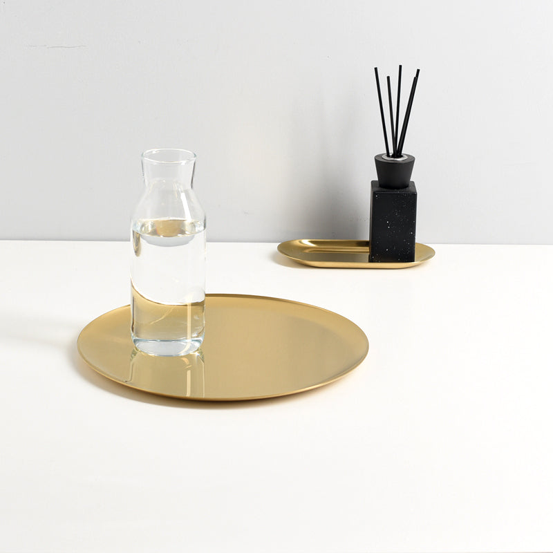 Plateau Décoratif Rond Plat en Métal Doré Brillant pour Présentation d'Objets Déco et Service Apéro