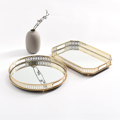 Plateau Décoratif Rond à Base Miroir avec Contour Doré Ajouré pour Vanity Coiffeuse et Service Apéro
