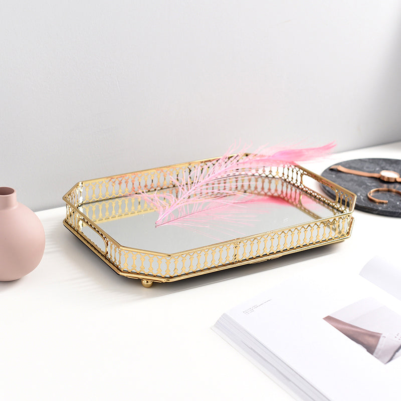 Plateau Décoratif Rond à Base Miroir avec Contour Doré Ajouré pour Vanity Coiffeuse et Service Apéro