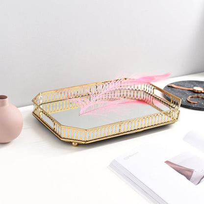 Plateau Décoratif Rond à Base Miroir avec Contour Doré Ajouré pour Vanity Coiffeuse et Service Apéro