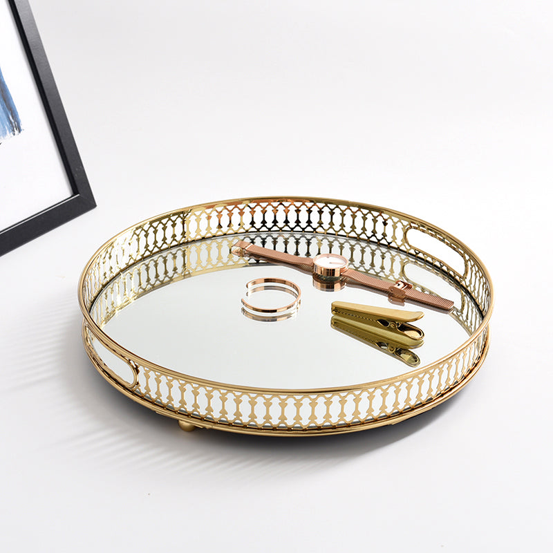 Plateau Décoratif Rond à Base Miroir avec Contour Doré Ajouré pour Vanity Coiffeuse et Service Apéro