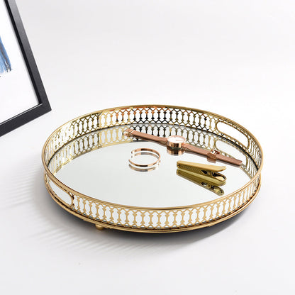 Plateau Décoratif Rond à Base Miroir avec Contour Doré Ajouré pour Vanity Coiffeuse et Service Apéro