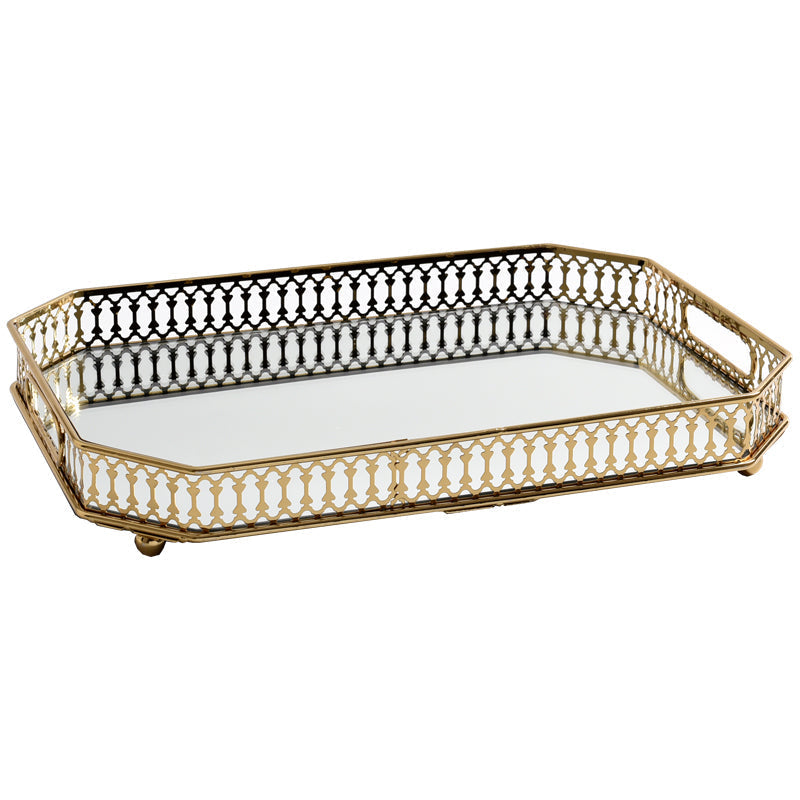 Plateau Décoratif Rond à Base Miroir avec Contour Doré Ajouré pour Vanity Coiffeuse et Service Apéro