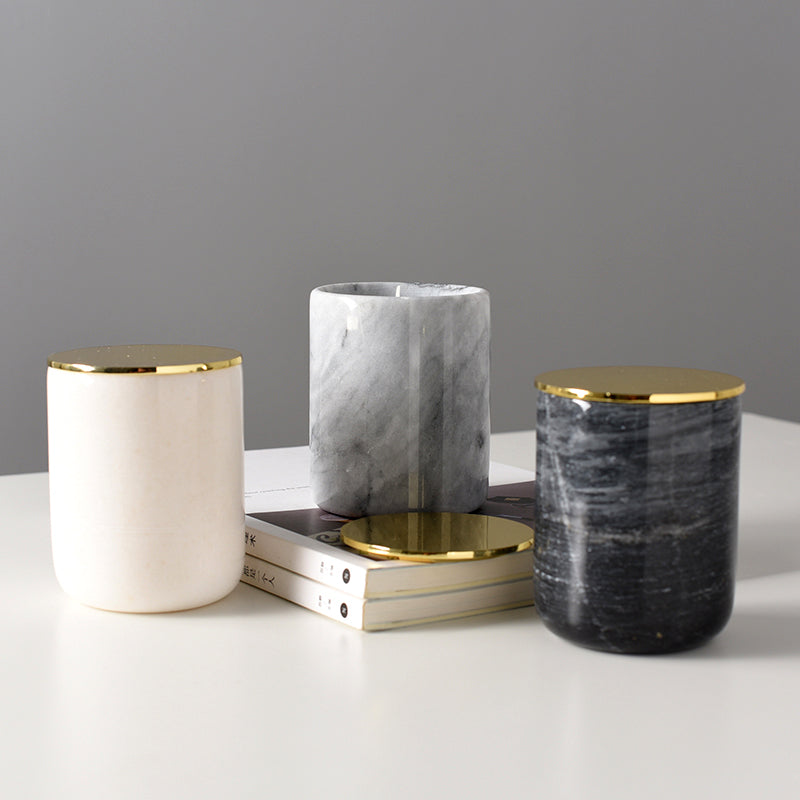 Bougeoir en Marbre Massif avec Couvercle Doré pour Décoration de Table Basse Chambre et Salle de Bain