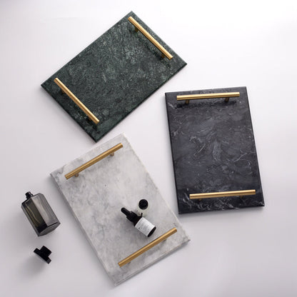 Plateau de Service en Marbre Massif avec Poignées Métalliques Dorées pour Salle de Bain Bureau et Décoration de Table