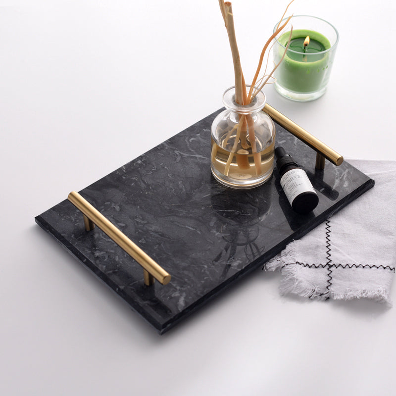 Plateau de Service en Marbre Massif avec Poignées Métalliques Dorées pour Salle de Bain Bureau et Décoration de Table