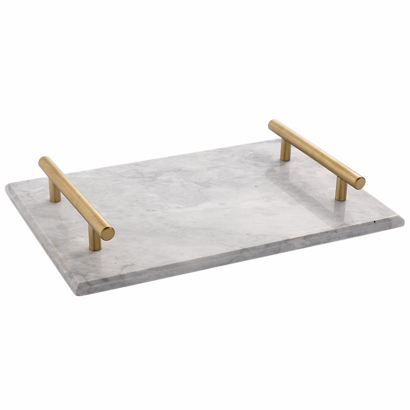 Plateau de Service en Marbre Massif avec Poignées Métalliques Dorées pour Salle de Bain Bureau et Décoration de Table