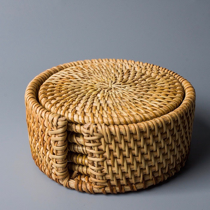 Set of 6 Natural Woven Rattan Coasters with Storage Holder for Table and Decoration