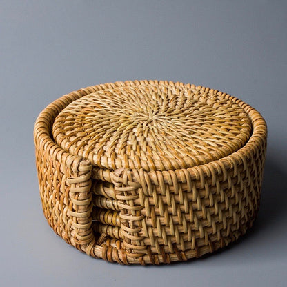 Set of 6 Natural Woven Rattan Coasters with Storage Holder for Table and Decoration