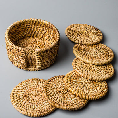 Set of 6 Natural Woven Rattan Coasters with Storage Holder for Table and Decoration