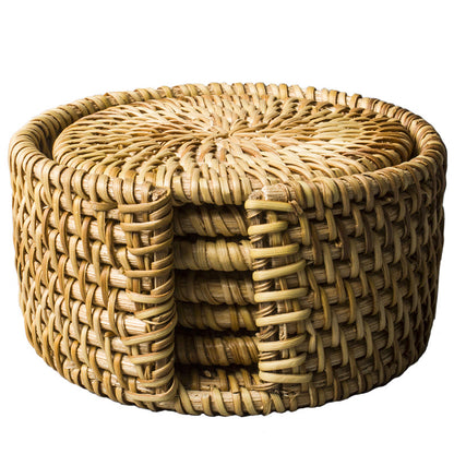 Set of 6 Natural Woven Rattan Coasters with Storage Holder for Table and Decoration