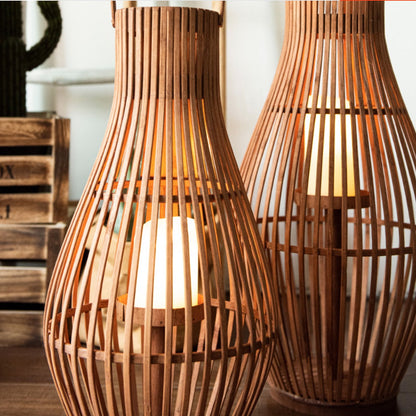Lanterne Décorative de Sol en Bambou Tressé Forme Pyriforme avec Anse pour Bougie Style Bohème Intérieur et Extérieur