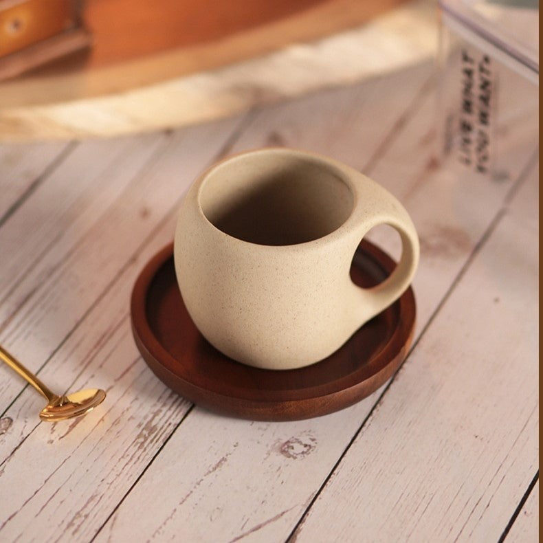 Ceramic Coffee Cup with Wooden Saucer and Stainless Steel Spoon