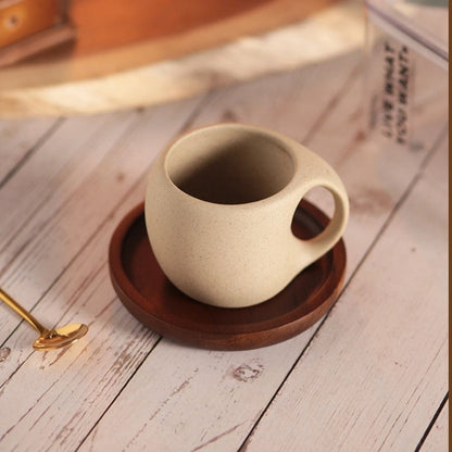Ceramic Coffee Cup with Wooden Saucer and Stainless Steel Spoon