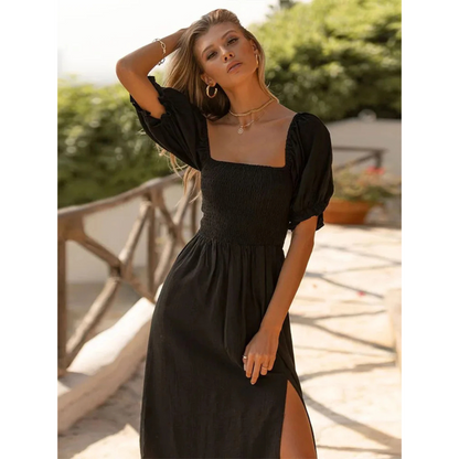 Robe Femme Off-Shoulder – Corsage Froncé – Manches Bouffantes – Fente Latérale – Coupe Élégante