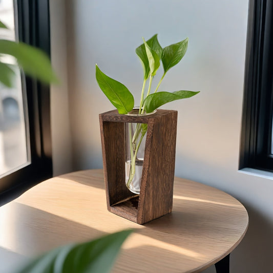 Vase de Propagation en Bois Massif Noyer avec Tube en Verre Suspendu pour Boutures de Plantes et Décoration