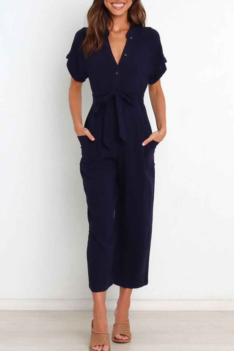 Combinaison femme à col en V avec boutons et ceinture - Aurelles