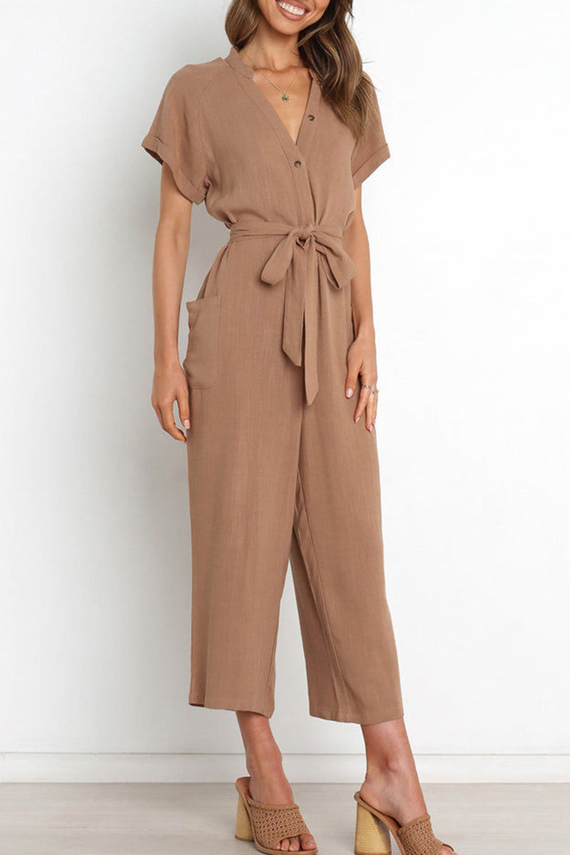 Combinaison femme à col en V avec boutons et ceinture - Aurelles