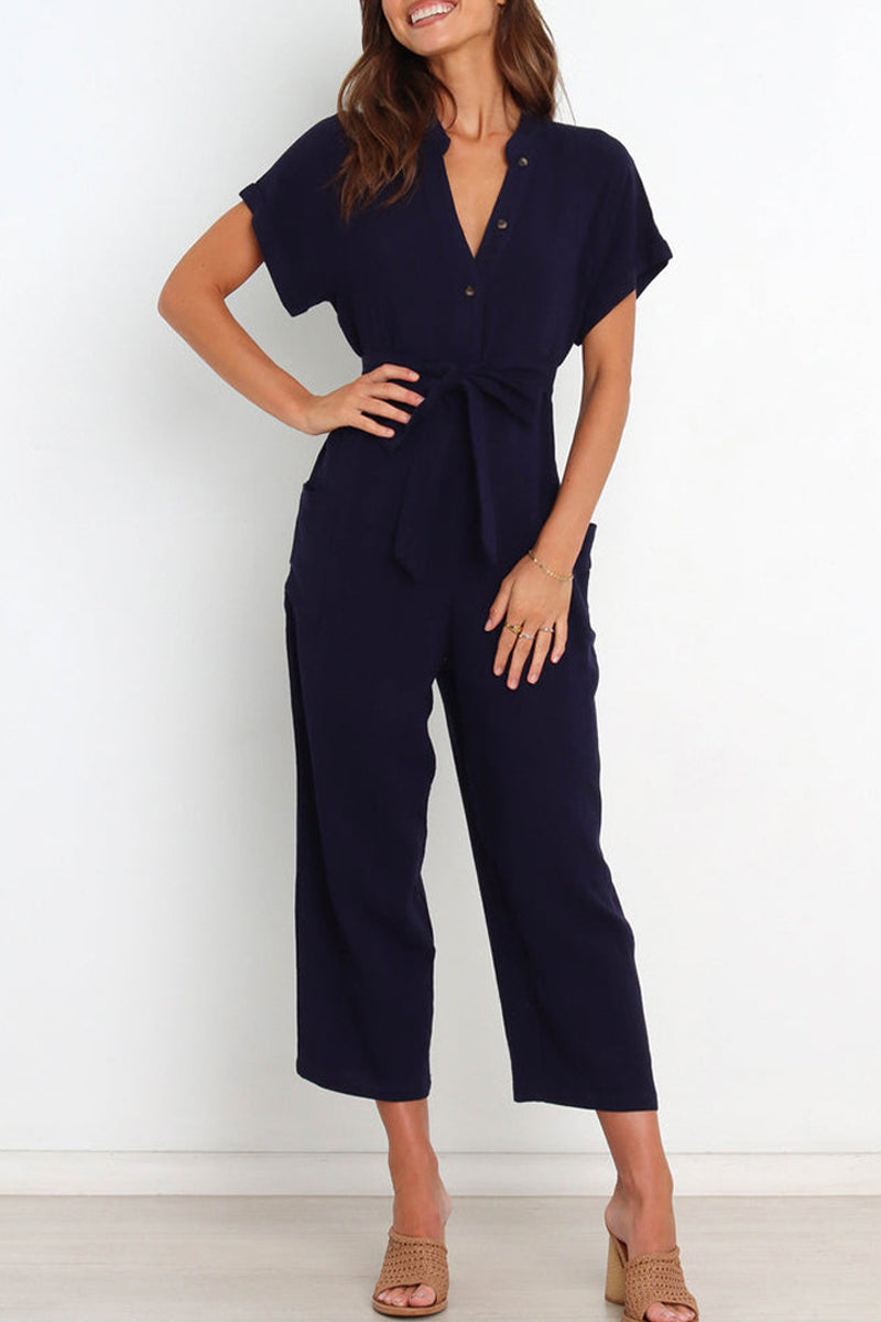 Combinaison femme à col en V avec boutons et ceinture - Aurelles