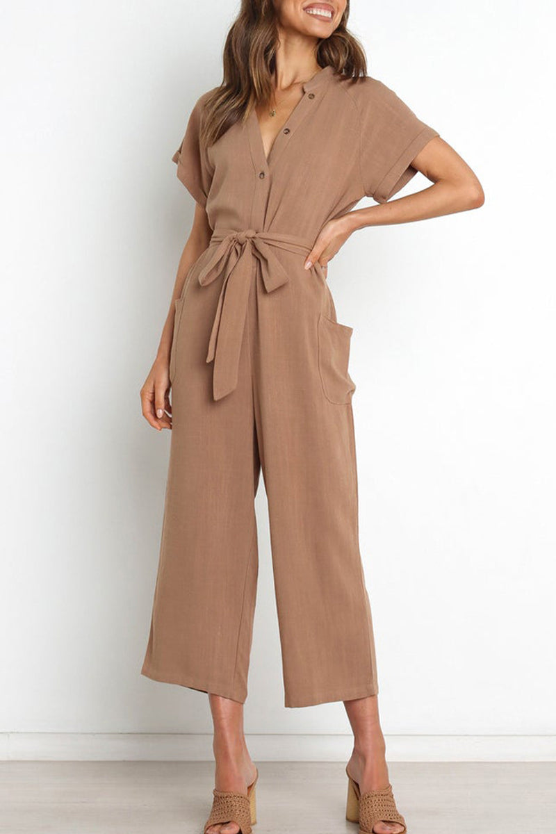 Combinaison femme à col en V avec boutons et ceinture - Aurelles
