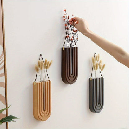 Vase Mural en Bois Massif Sculpté en Forme de U avec Tube en Verre pour Fleurs Séchées et Boutures
