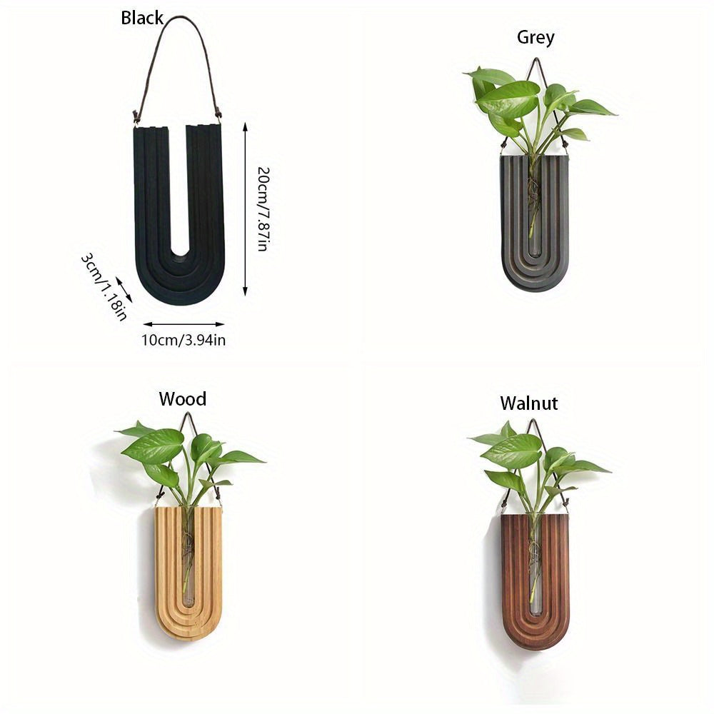 Vase Mural en Bois Massif Sculpté en Forme de U avec Tube en Verre pour Fleurs Séchées et Boutures
